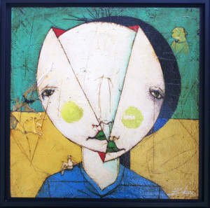 black shadowbox, floater frame with artwork inside