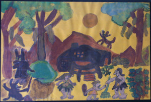 detail "The Flintstones" c. 1984 by Juanita Rogers watercolor on colored paper 12.5" x 19" black mat & frame $1000 #10043