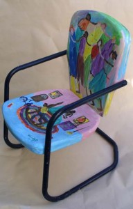 Special Porch Chair c. 1995  by Woodie Long  acrylic enamel on metal with clear poly coat  32" x 22" x 22"  Was $4000 On Sale Now $3000 (10307)