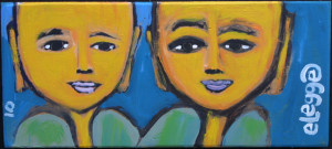 "Golden Buddahs" dated 2010 acrylic on found wood 4.5" x 10.25" in artist's handmade frame $200 #10410