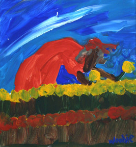 "Picking Flowers" by Woodie Long acrylic on paper 12.5" x 11.5" in black frame white mat $475 (10573)