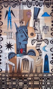 "A Gathering of the Moon Tribe" by Bruce New pen & ink on found paper collage 30" x 18" in black mat & frame $950 #10645