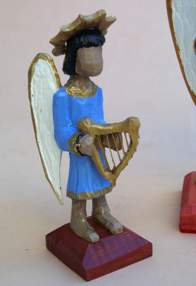 left angel "Three Angels" by Roger Mitchell carved painted wood tallest aprox 10" $250 for 3 #10841