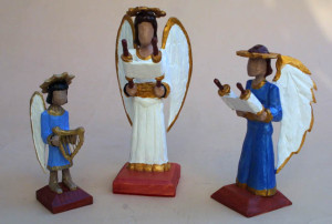 side "Three Angels" by Roger Mitchell carved painted wood tallest aprox 10" $250 for 3