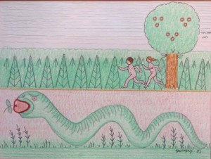 "Serpin" dated 1987  (with Adam and Eve) by Jack Savitsky  pastel and colored pencil on paper  9" x 12"  Was $800  On Sale Now $650  (10848)