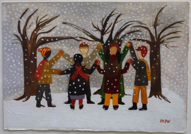 "Children Playing in the Snow" by Mary Whitfield watercolor, gouache on paper 10.5" x 14.75" in natural walnut frame with 8 ply white mat & Museum glass $5400 #10898