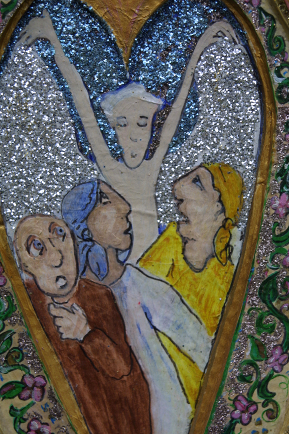 detail "Three Fools--Running From Angel"by Hope Atkinson  acrylic on papier mache niche, 16.5" x 11" x 1.5" unframed, $900u   #2913