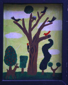 "Tree with Birds" dated 1991, acrylic on wood in artist's frame, 14" x 10.5" x 1.4", $600 (3289)