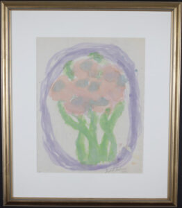 "Apricot Floral" c. 1993 by Sybil Gibson, acrylic on paper, 20" x 16" in archival white mat with gold leaf frame, $700 #4136