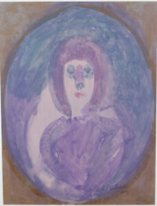 "Purple and Blue Portrait" by Sybil Gibson dated 1993, tempera on cardboard ply, 22" x 16.5" in archival white mat with gold leaf frame, $900 #4970