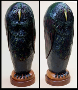 "Owl" by Don Gahr oil painted carved wood 22" x 8" x 7" $900 #5467