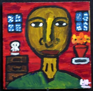 "Man with Flowers and Skull" acrylic on matte board, matted but unframed 11.25" x 11", $130  #5935