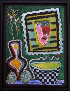"Still Life in X", acrylic on metal road sign, 24" x 18", $560 (6151)