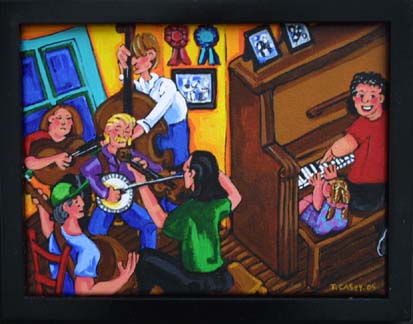 A painting of people playing music in a room.