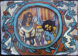 "The Angel with John the Baptist" in artist's painted cardboard frame $450 #8124