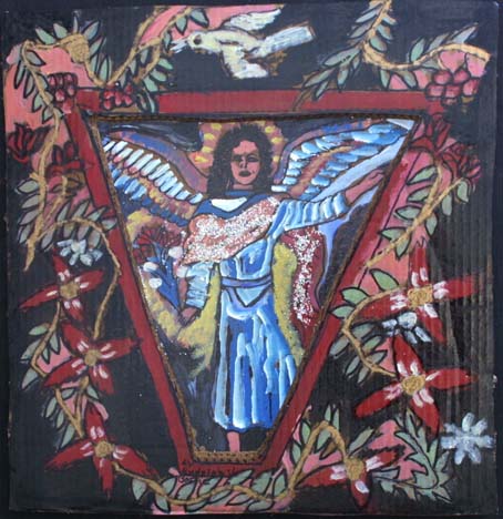 "Angel and Bird of Peace" by Rudolph Valentino Bostic 20.25" x 19.5" mixed media on cardboard in black shadowbox frame $675 #8126