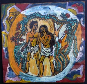 "Adam and Eve in Paradise" by Rudolph Valentino Bostic mixed media on cardboard 20.5" x 21" in black shadowbox frame $875 #8129