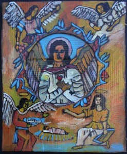 "Angel of the Nativity" by Rudolph Valentino Bostic mixed media on cardboard 24.5" x 20" unframed $600 #8132