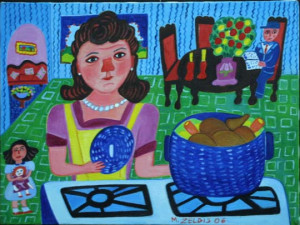 "The Beautiful Pot" dated 2006 by Malcah Zeldis  oil on canvas with wide linen liner in black frame  $1900  #8548