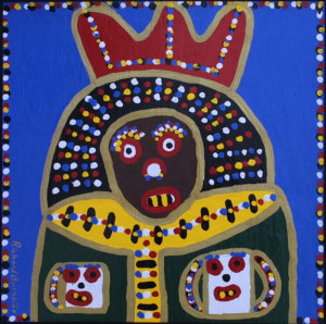 “King on Light Blue” by Richard Burnside, enamel paint and pine cone pieces on wood - 8952