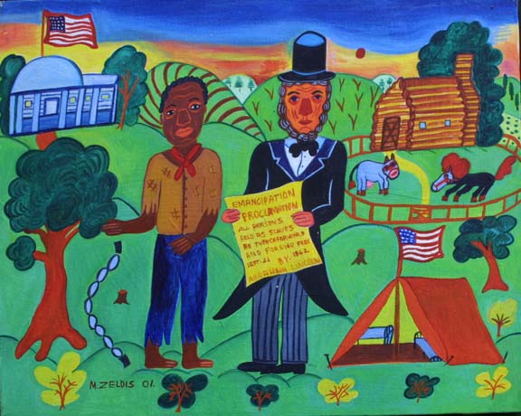 "Lincoln" (Emancipation Proclamation) by Malcah Zeldis dated '01 oil on canvas 16" x 20" in black frame $2600 #9106