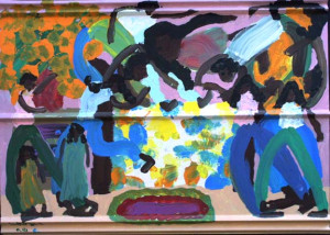 " Jumping on Grandma's Bed" 1998 b y Woodie Long acrylic on tin unframed 26" x 36.5" Was $1400 On Sale Now $1000 (9165)