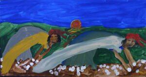 "Two Women Picking Cotton" by Woodie Long acrylic on paper 13.75" x 25.75" unframed matted wrapped $500 #9283