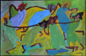 "Around Mulberry Bush" by Woodie Long , acrylic on paper in wide black frame, 23" x 35", $1750 (9414)