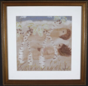 "Love On the Beach" by Sybil Gibson dated 1964, tempera on paper, 16.25" x 16.25" in archival white mat with washed wood frame, $3200 #9961