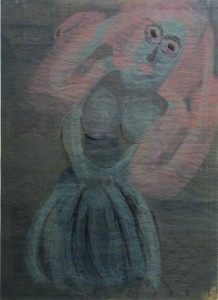 "Woman"c. 1994  by Sybil Gibson , gouache on newsprint, 27" x 19.75", in archival white mat with aqua frame size 32" x 24", $750 (11117)