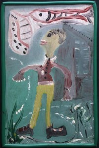 "Me Looking Like a Boy", acrylic on wood panel, 25.25" x 16.75", artist's green garden hose frame, $1550 (11130)