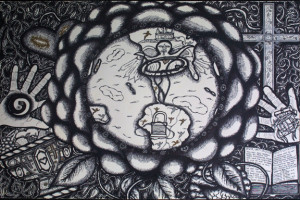 "Unity" by William "Sazah"permanent ink on heavy paper  32" x 23.5" $1100 in 8 ply white mat, black frame    #11168