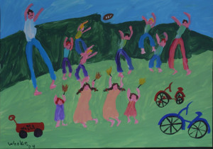 "Family Playing" dated 2004 by Woodie Long acrylic on paper 20.5" x 29.5" unframed $1000 #11228