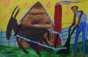 "Plowing" dated 2003 by Woodie Long acrylic on paper 23" x 35" unframed $5800 #11235