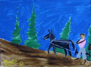 detail "Up Hill Haul- Mule Series" dated 1990 by Woodie Long acrylic on paper in archival white mat, black frame $325 #11239