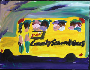 "School Bus on the Go" by Woodie Long acrylic on paper in white archival mat with black frame $285 #11242