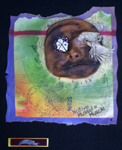 "Native Mussel = Mussel  c. 2010  Citrus leather, oyster shell, stone crab shell, fish leather, felt paper with glass stones on paper with mixed media  11" x 10.5"  $2800  #11298