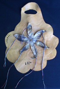 "Chrokee Star Flower" c.2011 by Michael Whalton   Citrus leather, cotton twine, ink & leather  18" x 10.5" x 1"  $1400  #11302