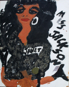 "Miss Janet Jackson/ C.C. Music Factory" dated 8/30/92 (double-sided) by Artist Chuckie Williams mixed media, glitter on canvas board 20" x 16" $600 (11261)