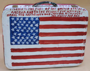 Suitcase (American Flag & Cherokee Love Birds) dated 11-1-92 by B. F. Perkins acrylic on suitcase 17" x 21" x 6" $1000 (11325)