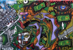 detail "What Would You Do For Money?" by William "Sezah" mixed media on canvas, 18" x 24"  in black frame  $2550  (11495)              