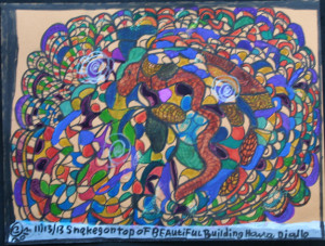 "Snakes on Top of Beautiful Building" dated 11-13-13 by Hawa Diallo pen, marker on paper 9" x 12" in 8 ply white mat with black frame $400 #11609