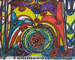 "A Mother's Worry" dated 11-2-13 by Hawa Diallo marker on paper 8" x 12.5" n 8 ply white mat with black frame $340 #11610