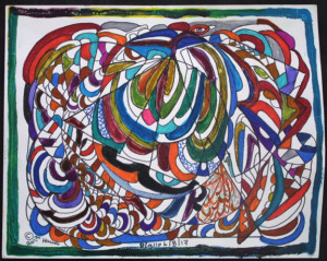 "Flying Snake" dated 4-8-13 by Hawa Diallo pen, marker on paper 11" x 14" irr in 8 ply white mat with black frame $400 #11613