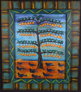 "Ripe Fruit and Waiting Birds" 2002 by Sarah Rakes acrylic on wood 20.25" x 17.25" in artist's hand painted frame $650 #13326