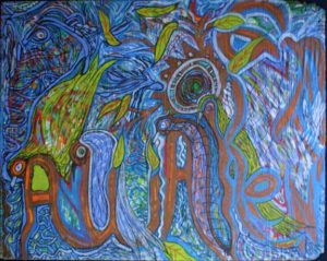 "The Divine Word- Awakening"...The word turns into trees by Brenda Davis mixed media on wood 35.75" x 45" unframed $3000 #11543