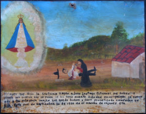 Ex Voto “Miracle for Juan Santiago Gutierrez being Healthy After Being Stabbed” dated September 30, 1926 by anonymous Mexican artist oil paint on tin with ink 8.5” x 11” $525 #11758