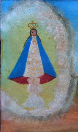 Ex Voto “Miracle for Juan Santiago Gutierrez being Healthy After Being Stabbed” dated September 30, 1926 by anonymous Mexican artist oil paint on tin with ink 8.5” x 11” $525 #11758 