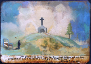 Ex Voto: “After A Grave Illness Praying To The Cross” c.1920s by anonymous Mexican artist oil paint on tin with ink 7.25” x 10.5” $550 #11759