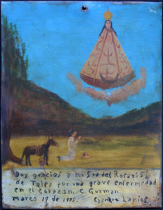 Ex-voto: “Gratitude For Healing From Serious Illness In The Heart” dated March, 1945 by anonymous Mexican artist oil paint on tin with ink 10.75” x 8.25” $ 525 #11760